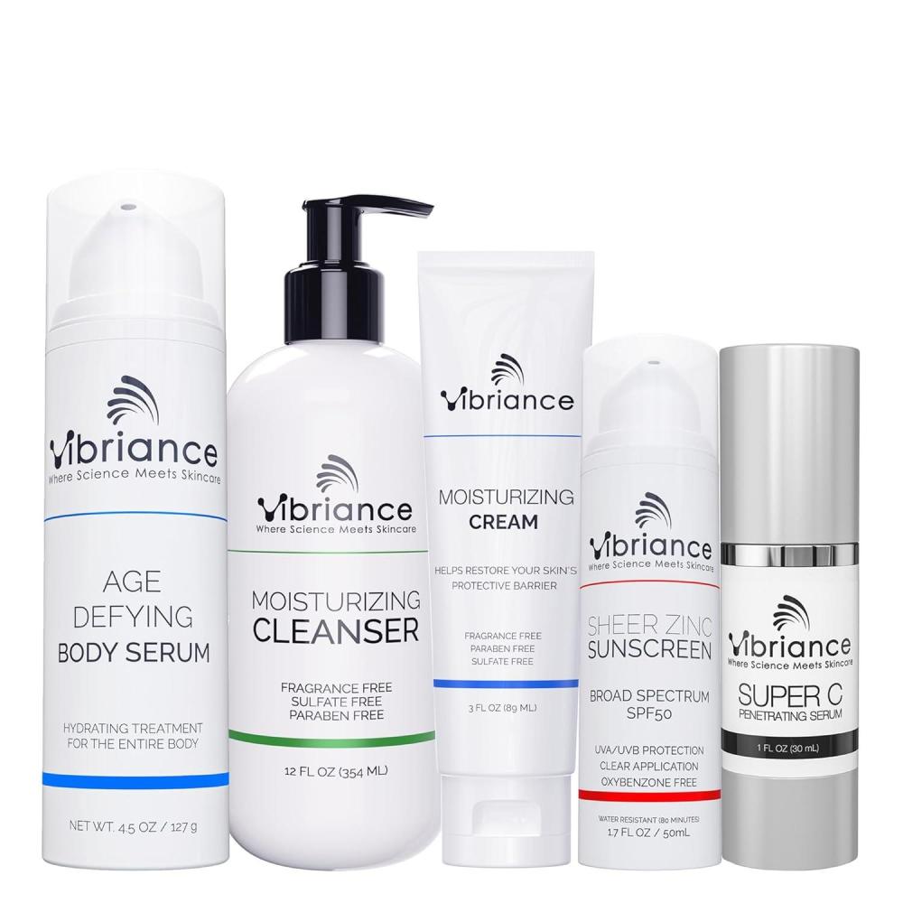 image:imageVibriance Premium Skincare Bundle  Super C AllinOne Serum Face Cleanser Moisturizing Cream Sheer Zinc Sunscreen SPF 50 Age Defying Body Creme  Heal Hydrate Protect Rejuvenate